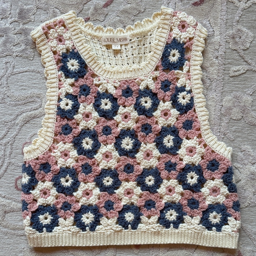 Louise Misha Girls' Crochet Floral Tank - Cream, Pink & Navy